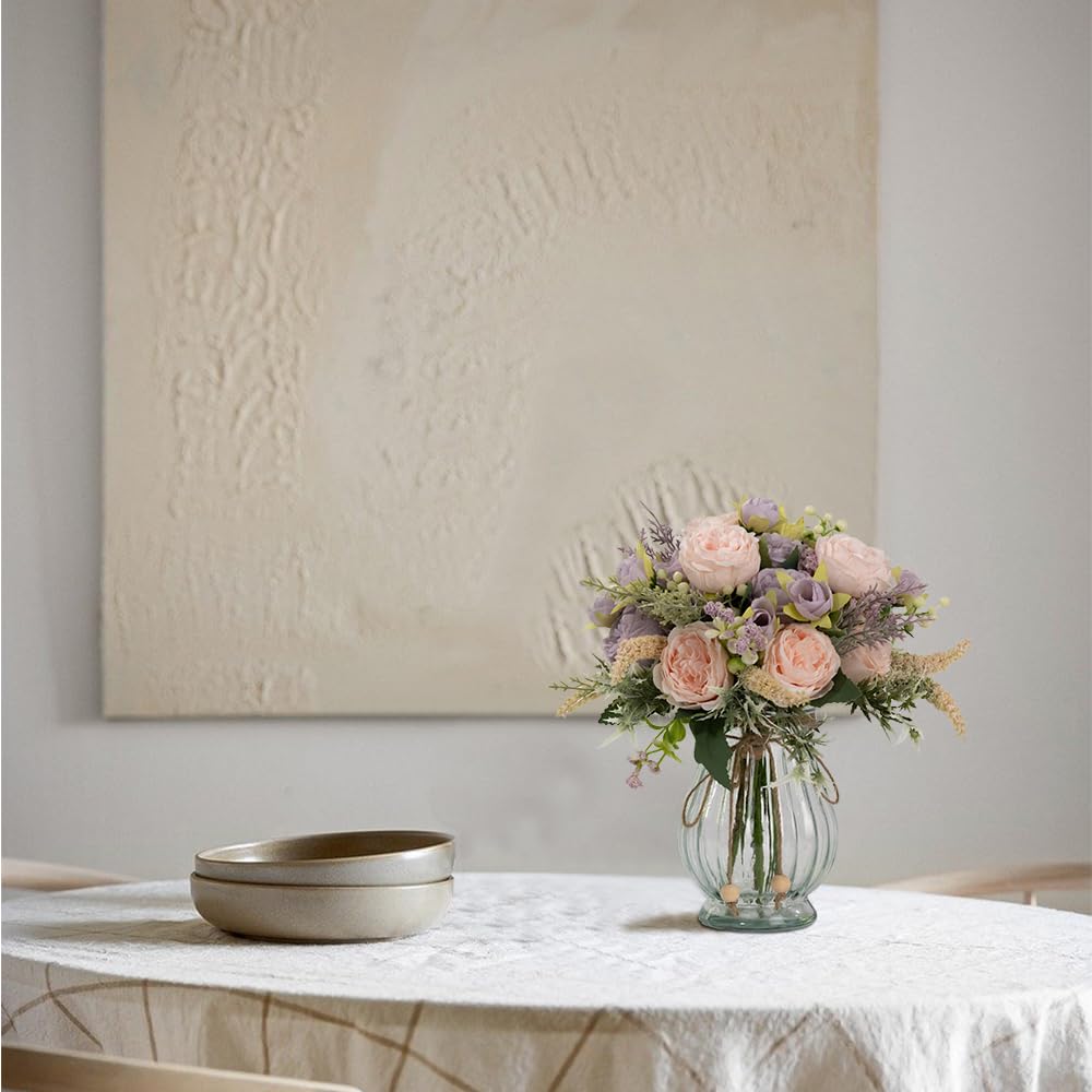 Artificial Peony Bouquet in Glass Vase Set