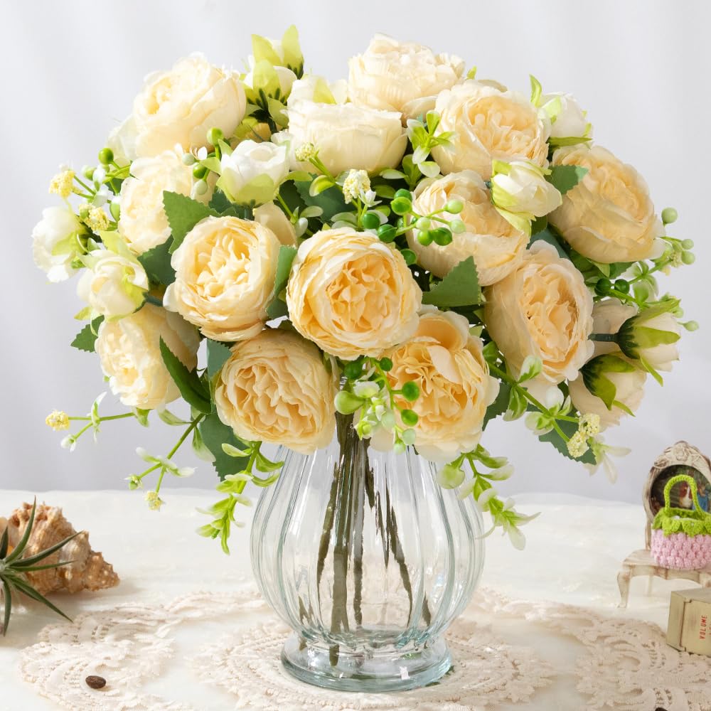 Artificial Peony Bouquet in Glass Vase Set