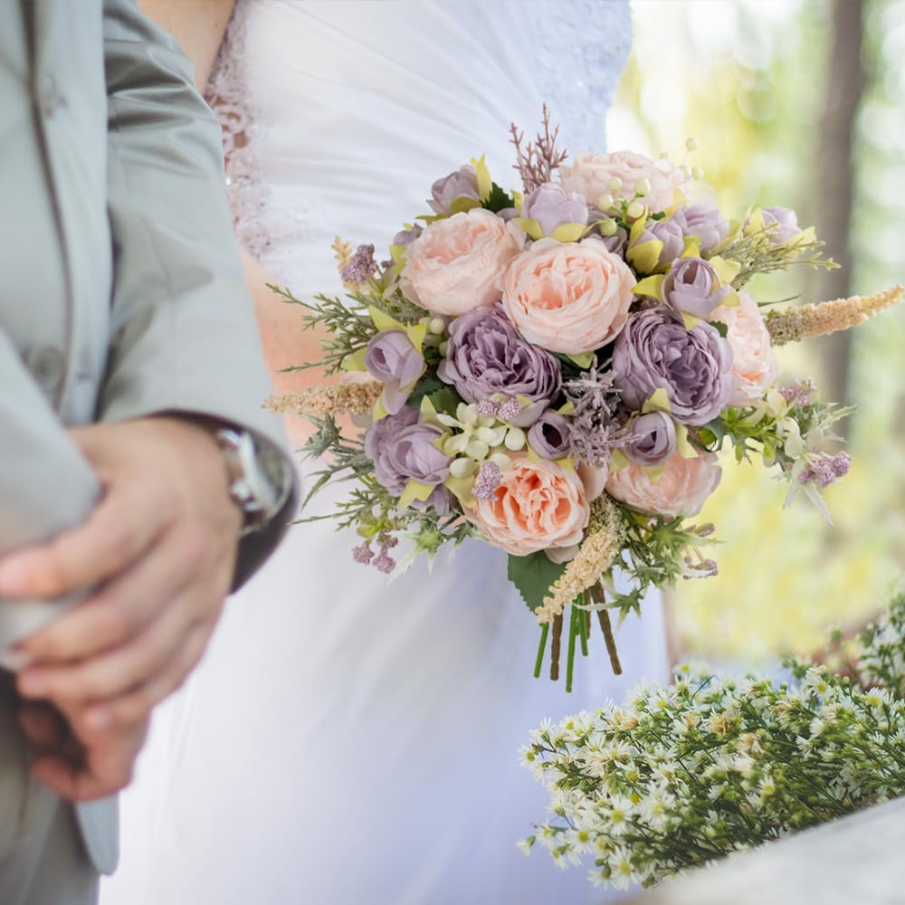 Artificial Peony Bouquet in Glass Vase Set