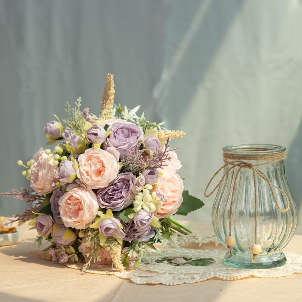 Artificial Peony Bouquet in Glass Vase Set
