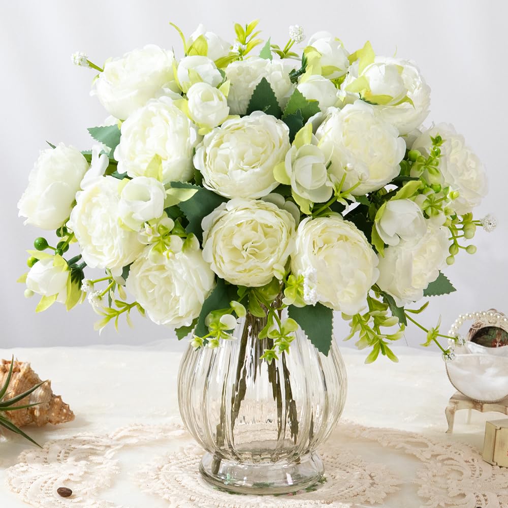 Artificial Peony Bouquet in Glass Vase Set