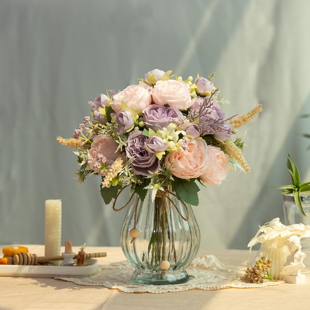 Artificial Peony Bouquet in Glass Vase Set