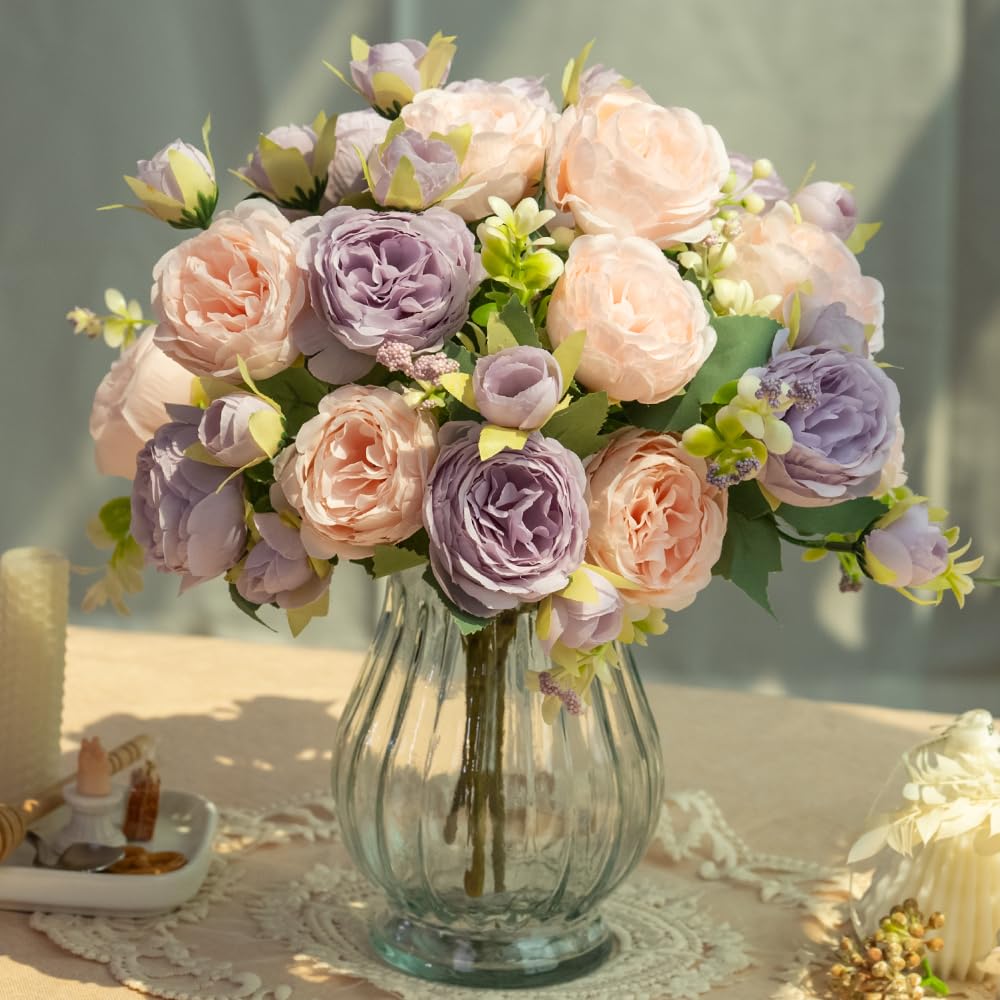 Artificial Peony Bouquet in Glass Vase Set