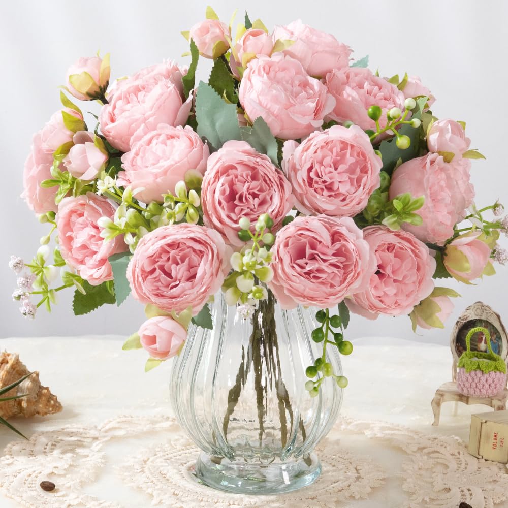 Artificial Peony Bouquet in Glass Vase Set