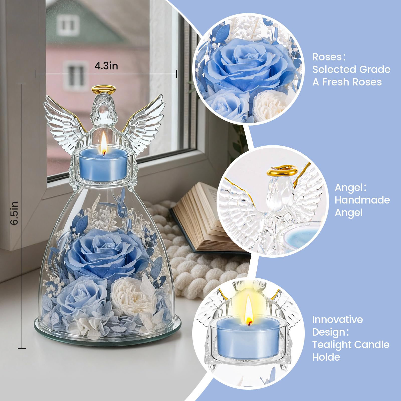 Preserved Rose Angel Candle Holder Gift Set