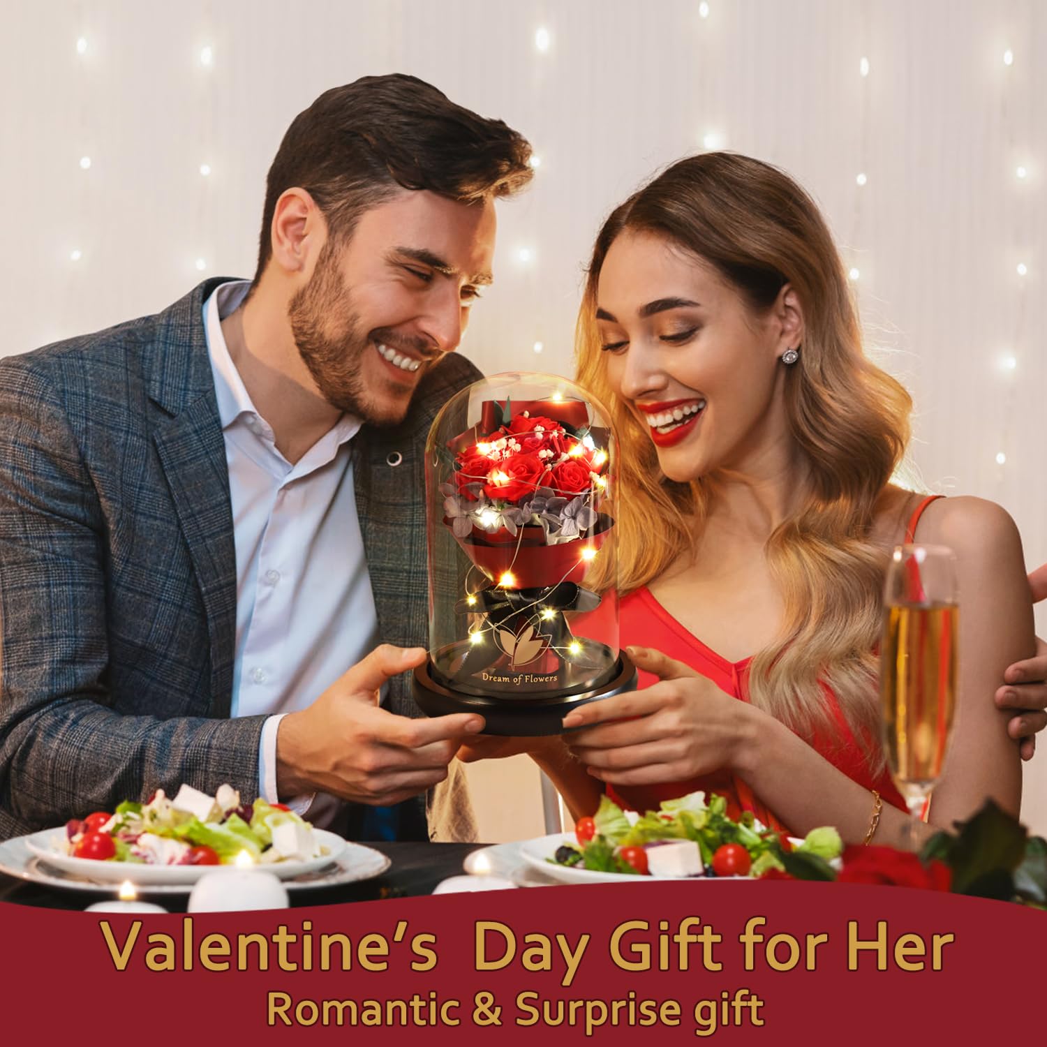 Light-Up Rose Bouquet in Glass Dome Gift Set
