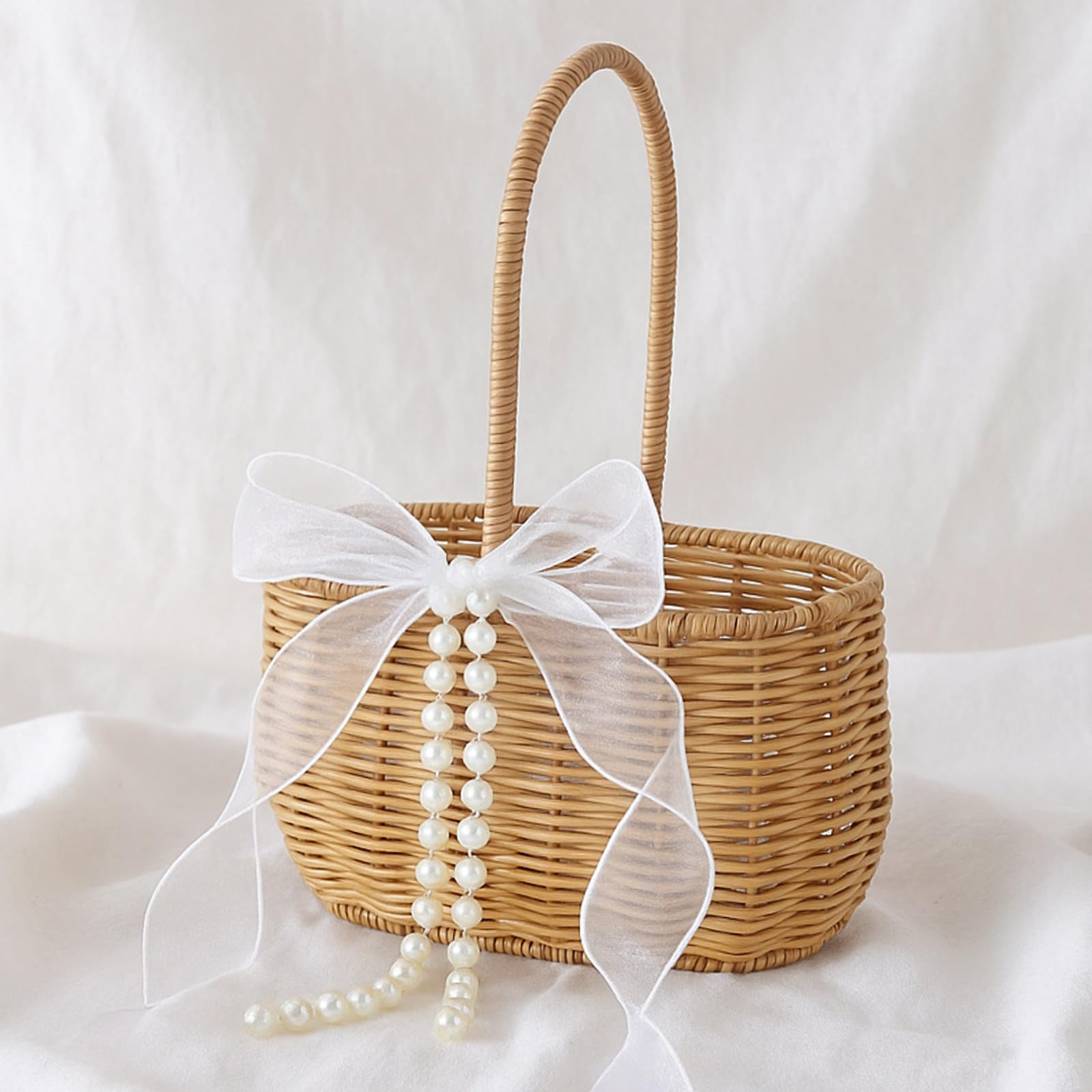 Wicker Flower Girl Basket with Pearl Bow Decor