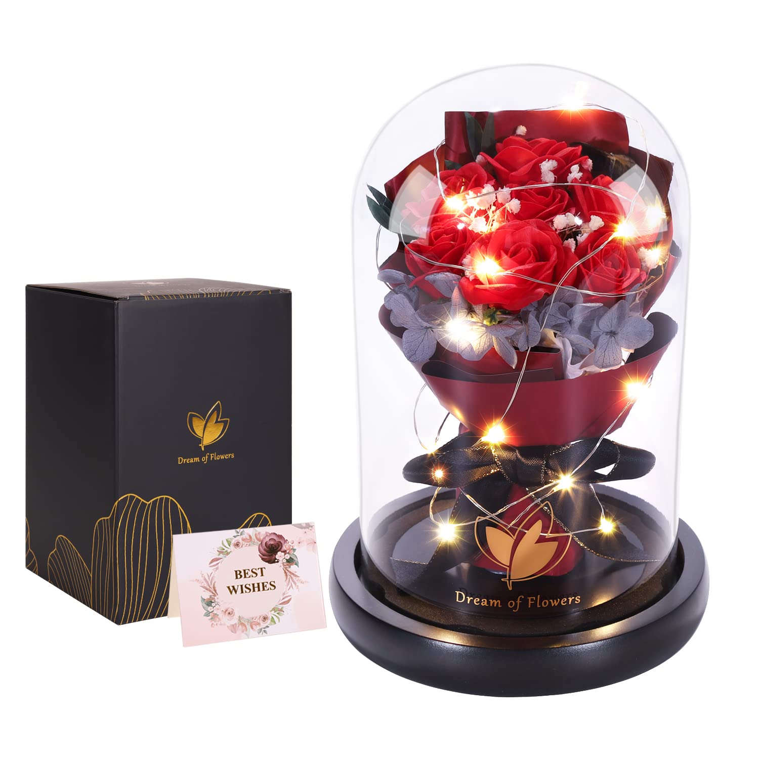 Light-Up Rose Bouquet in Glass Dome Gift Set