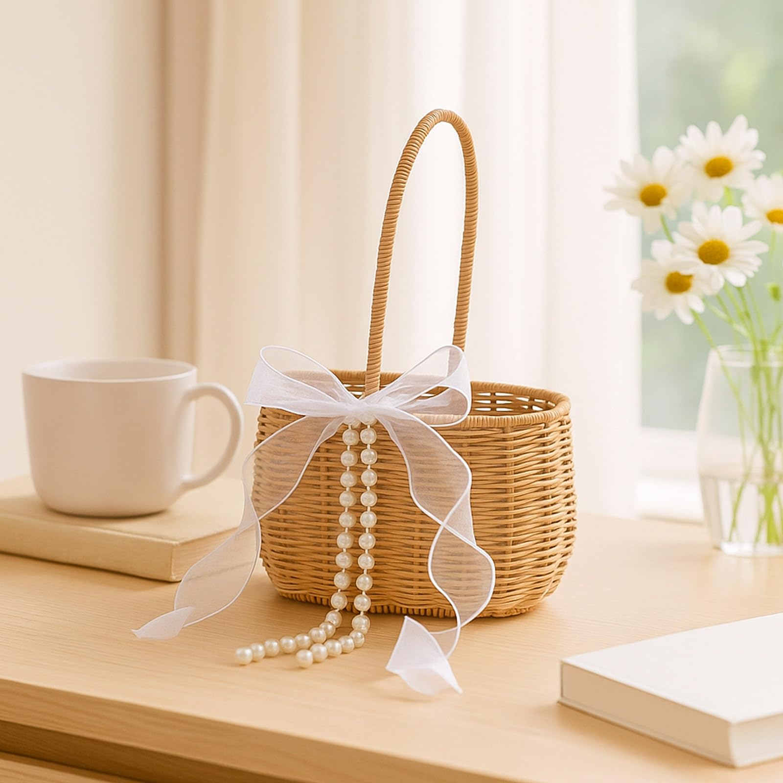Wicker Flower Girl Basket with Pearl Bow Decor