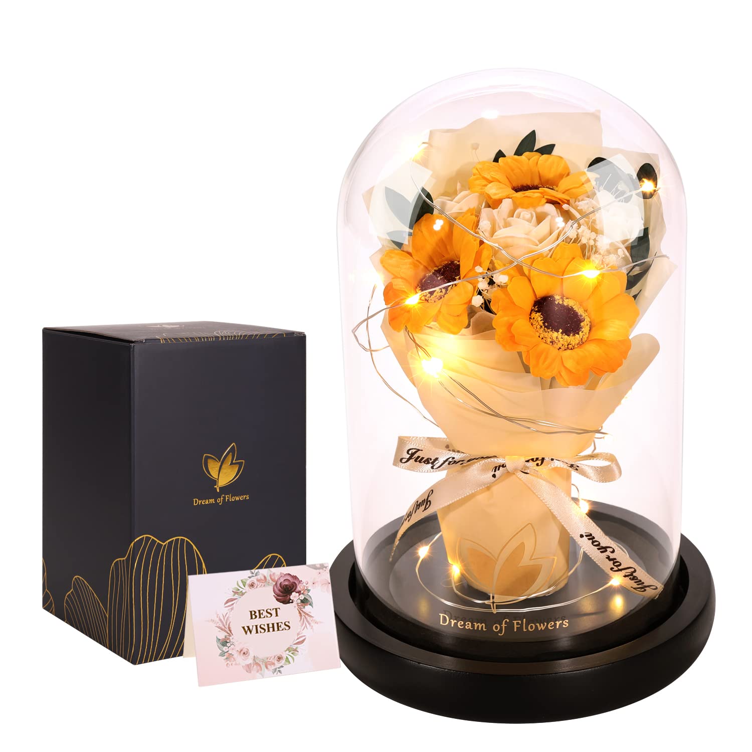 Light-Up Rose Bouquet in Glass Dome Gift Set