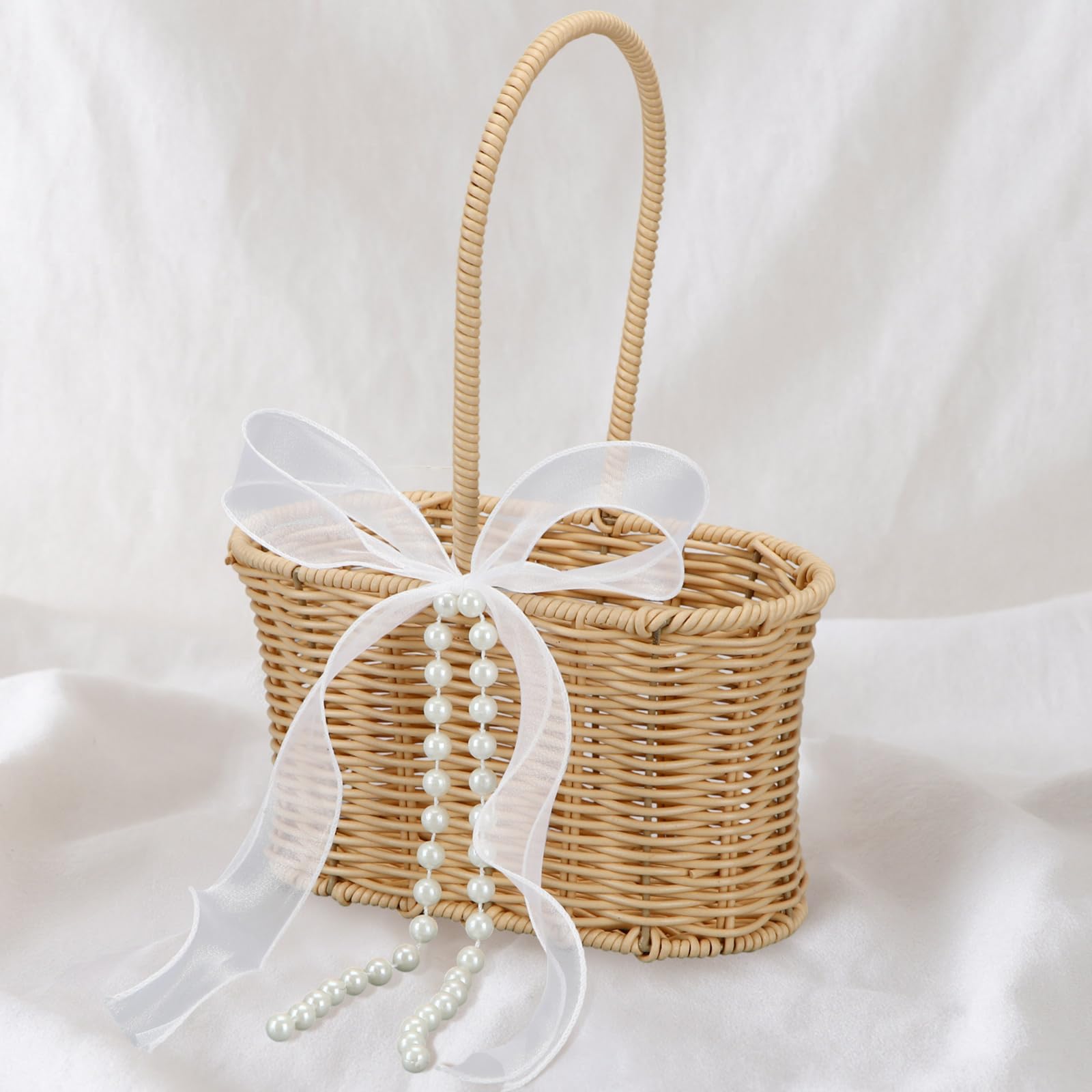 Wicker Flower Girl Basket with Pearl Bow Decor