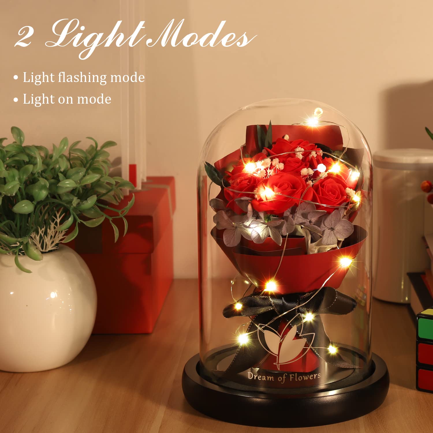 Light-Up Rose Bouquet in Glass Dome Gift Set