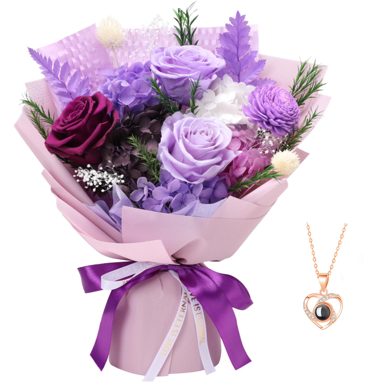 Preserved Rose Bouquet with Necklace Gift Set