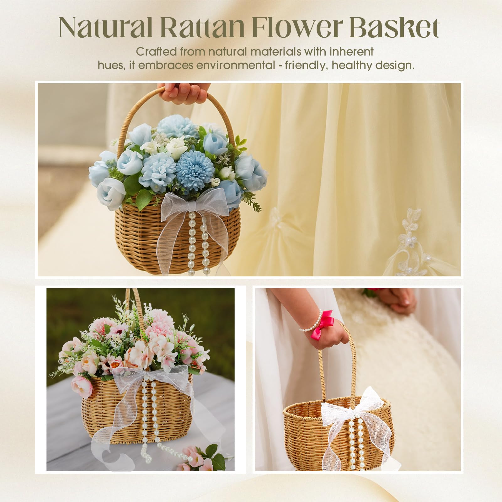Wicker Flower Girl Basket with Pearl Bow Decor