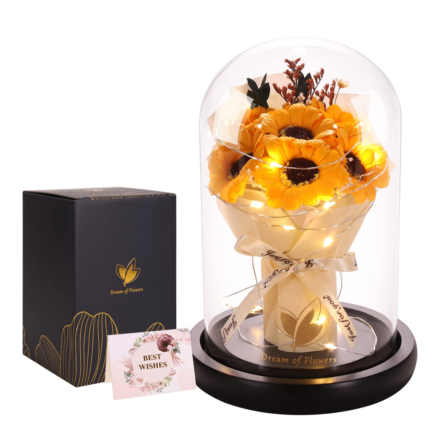 Light-Up Rose Bouquet in Glass Dome Gift Set