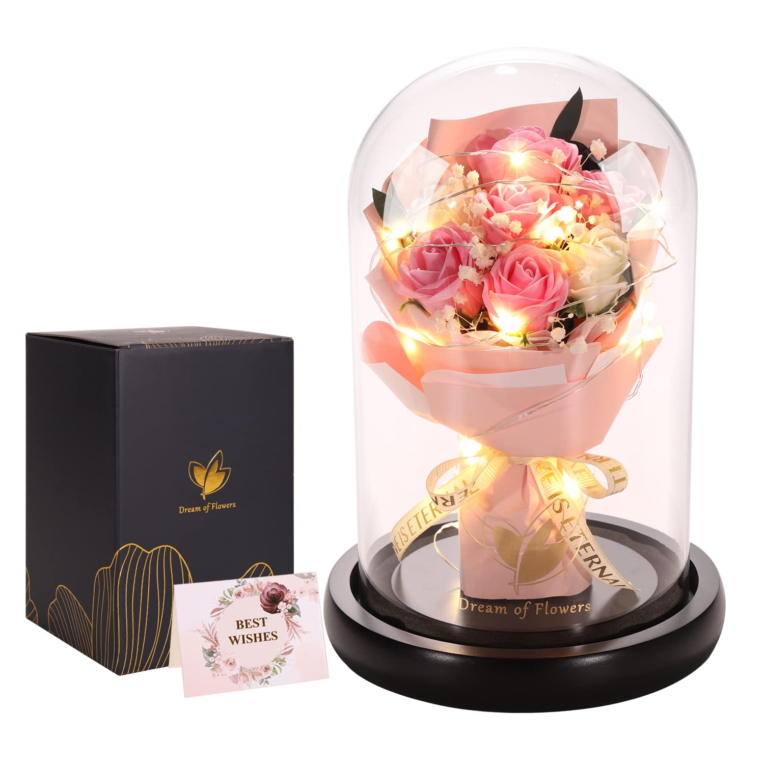 Light-Up Rose Bouquet in Glass Dome Gift Set