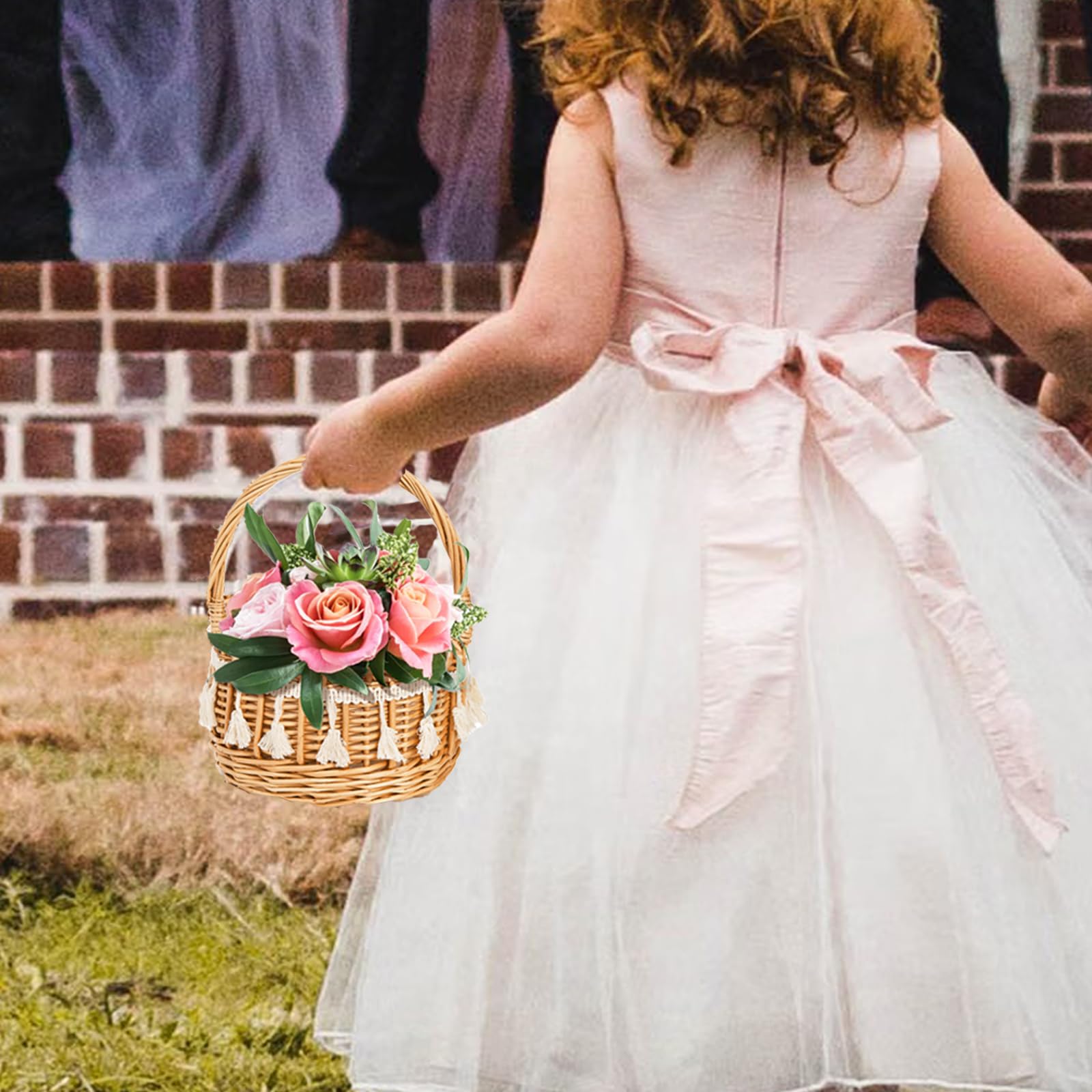 2-Pack Wicker Flower Girl Baskets with Ribbon Decor