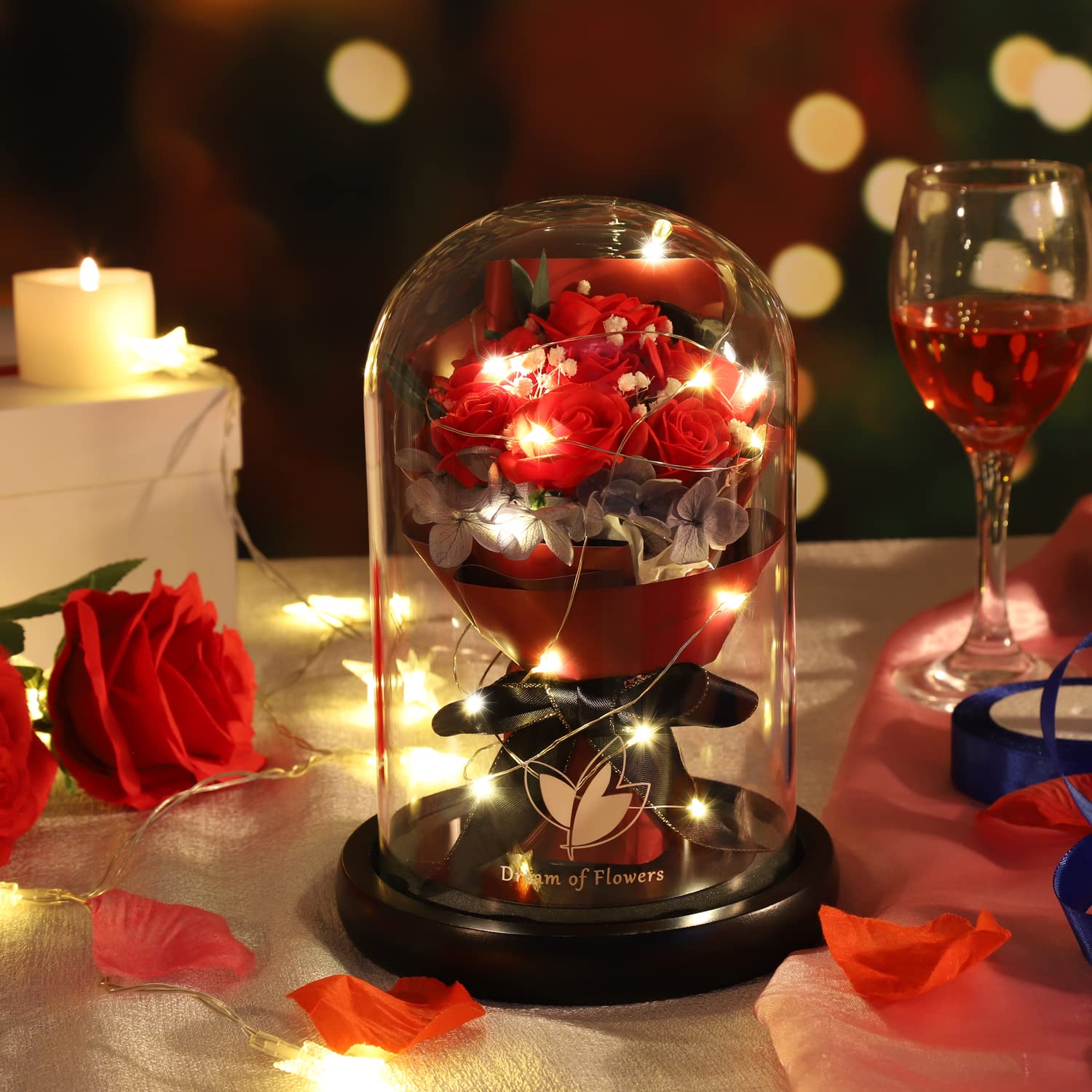 Light-Up Rose Bouquet in Glass Dome Gift Set