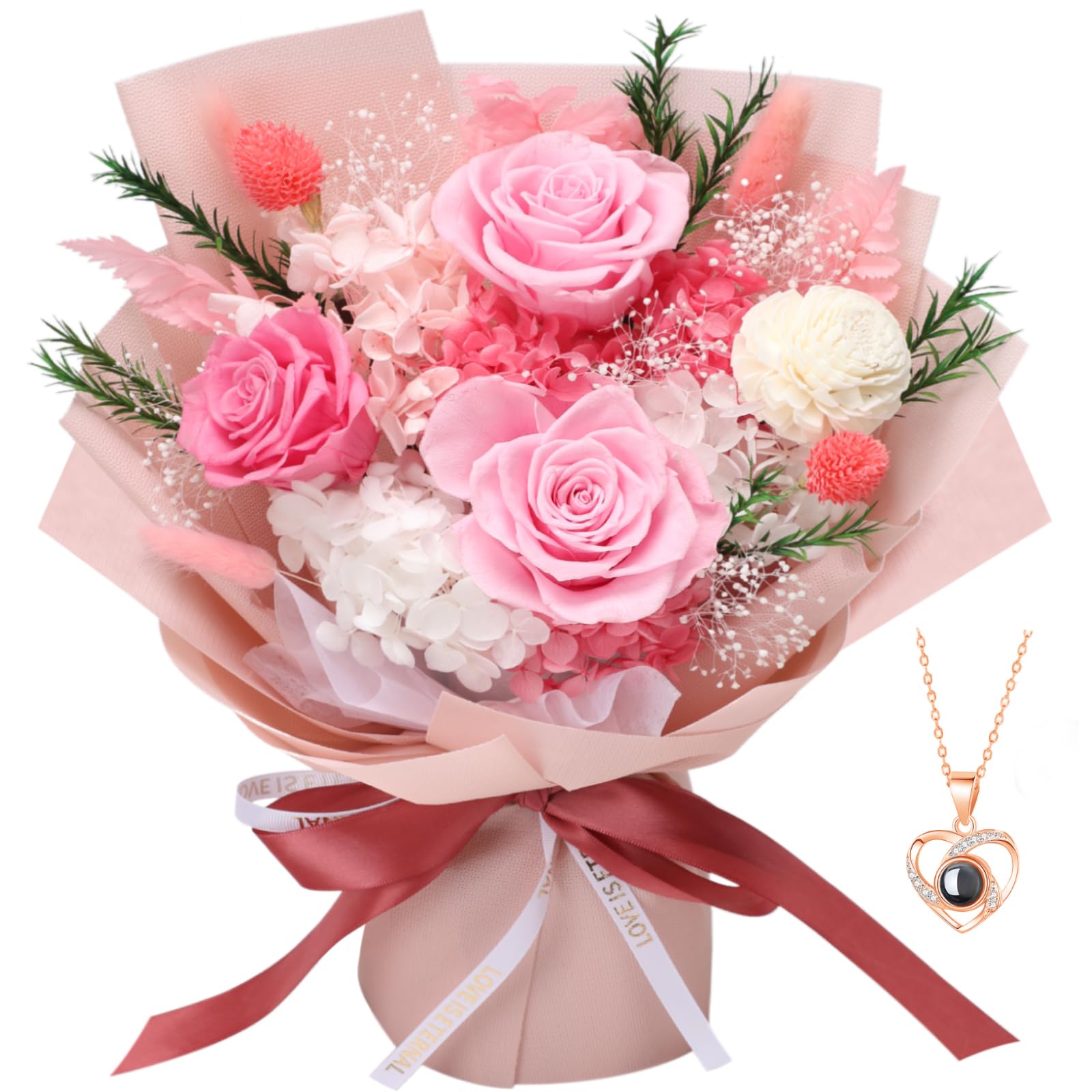 Preserved Rose Bouquet with Necklace Gift Set