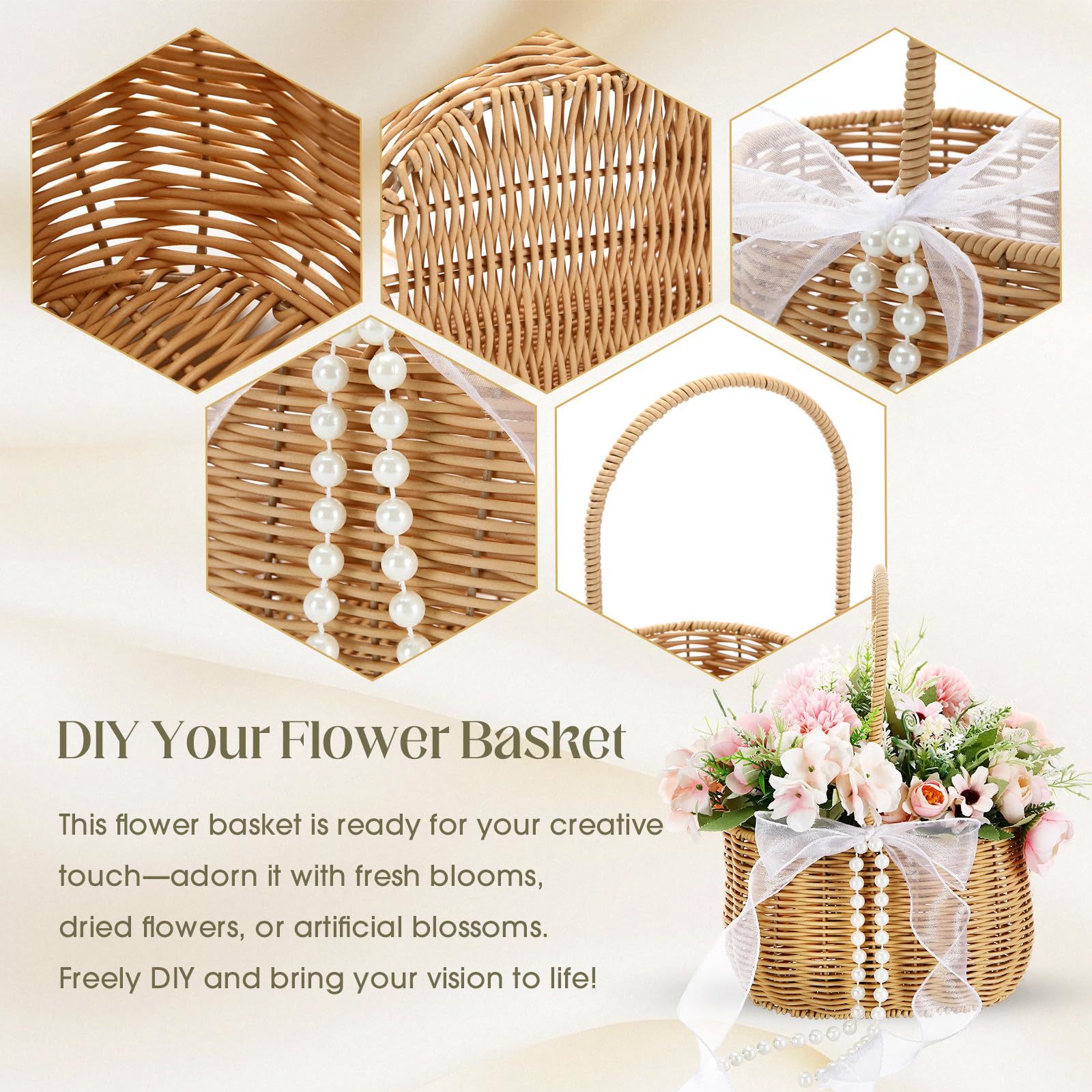 Wicker Flower Girl Basket with Pearl Bow Decor