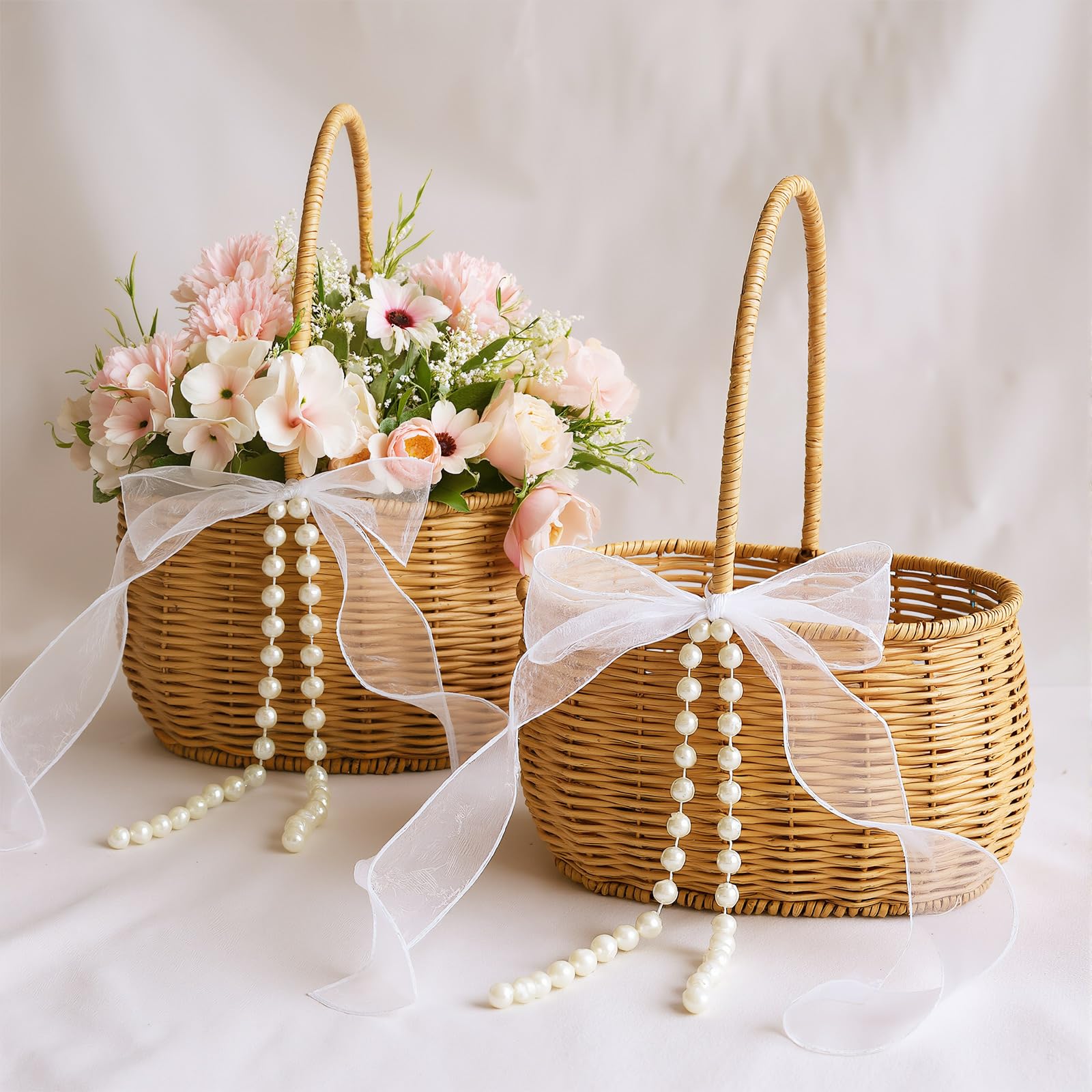 Wicker Flower Girl Basket with Pearl Bow Decor