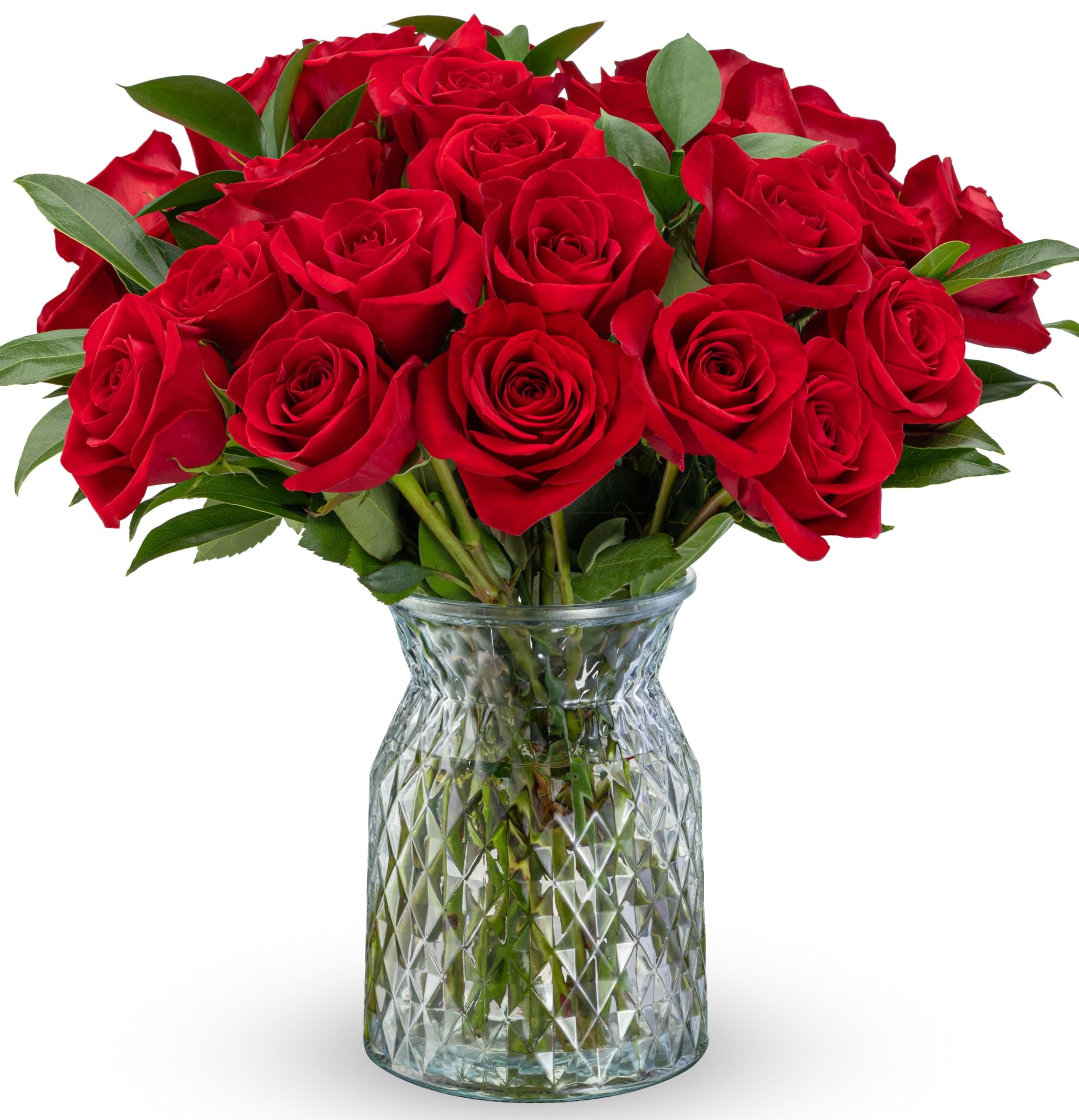 12 Stem Red Rose Bouquet with Glass Vase