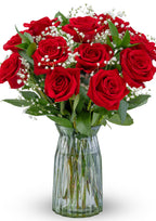 12 Stem Red Rose Bouquet with Glass Vase