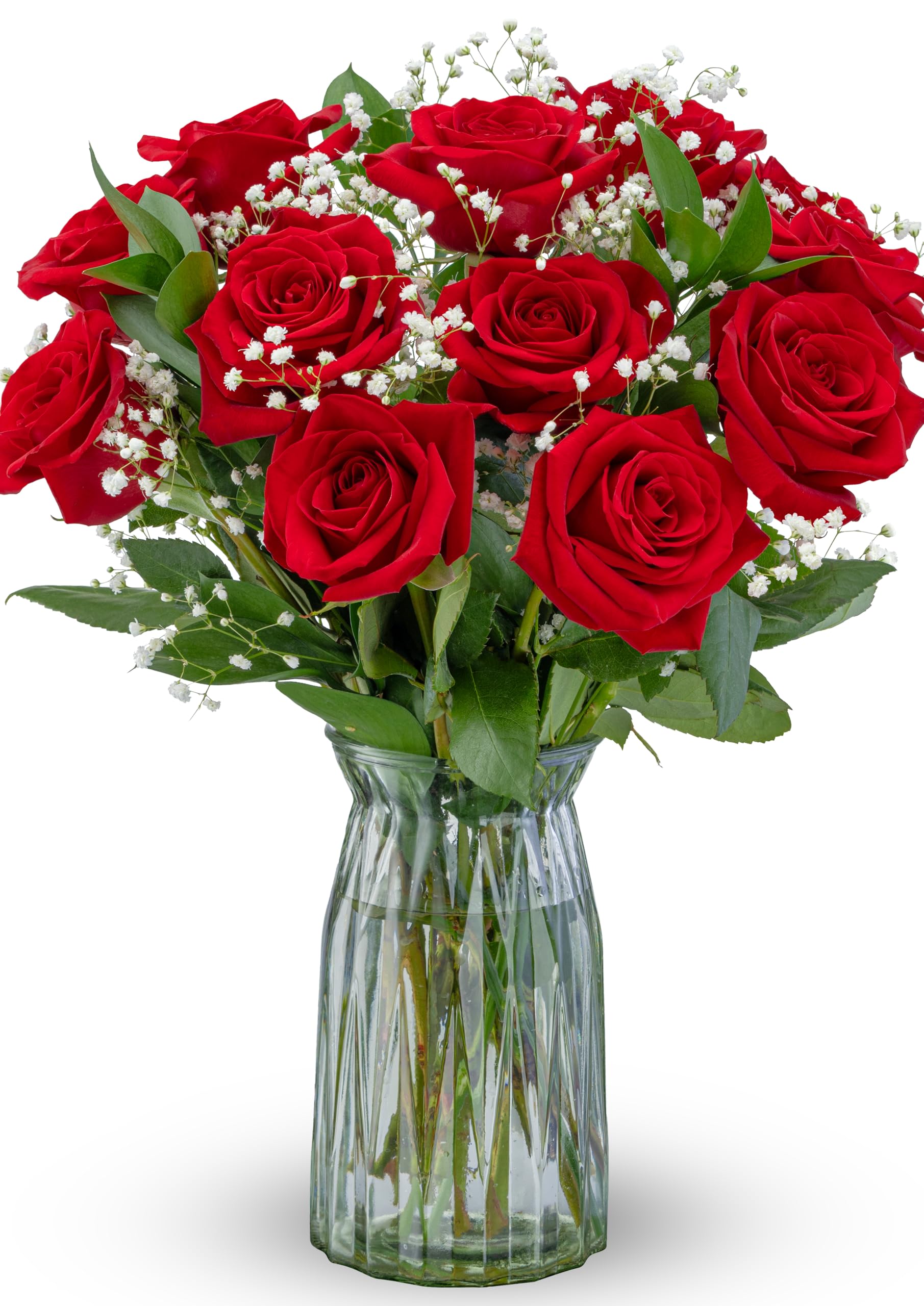 12 Stem Red Rose Bouquet with Glass Vase