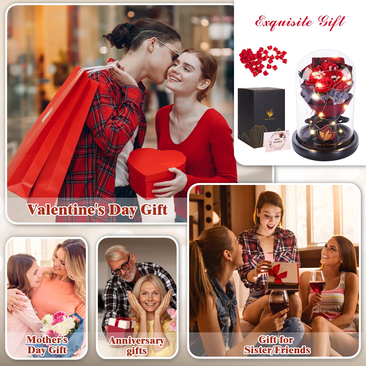 Light-Up Rose Bouquet in Glass Dome Gift Set