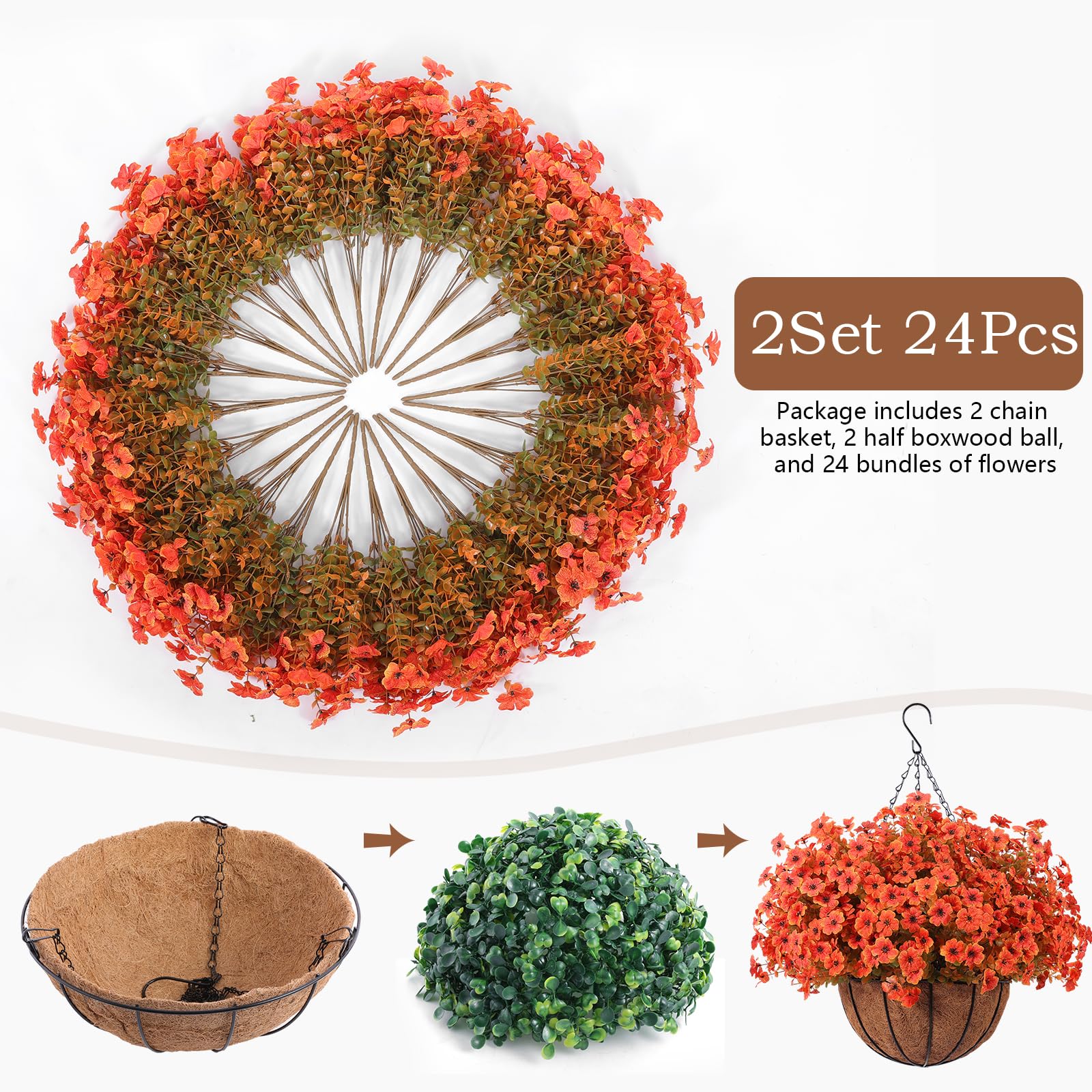 2-Set Artificial Hanging Flower Baskets for Outdoor Decor