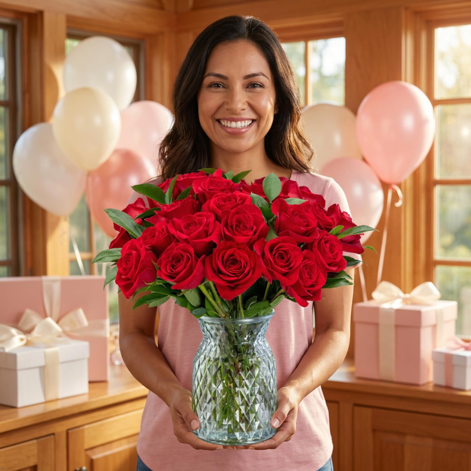 12 Stem Red Rose Bouquet with Glass Vase