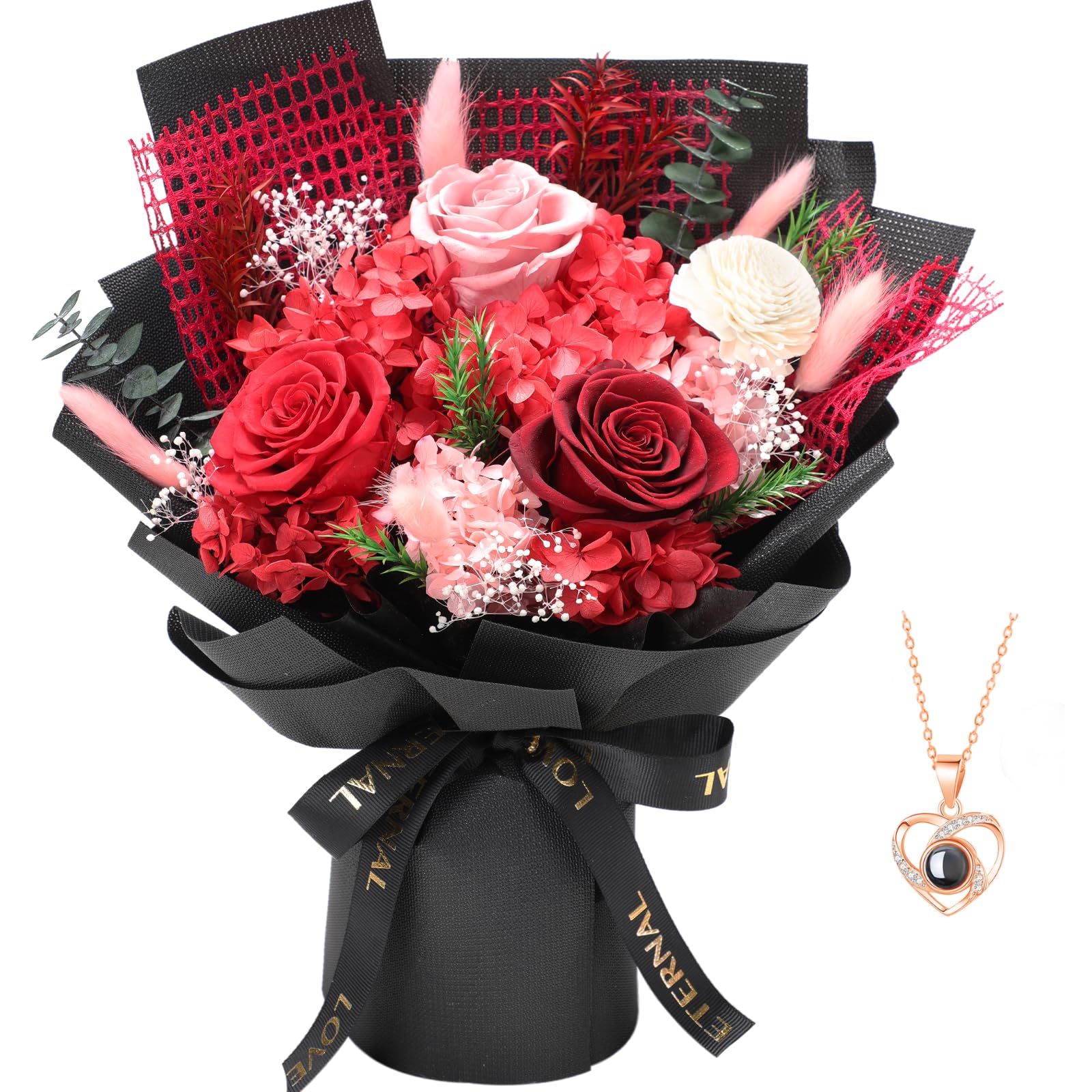 Preserved Rose Bouquet with Necklace Gift Set